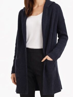 Vince Hooded Open Front Wool Cashmere Cardigan Coatigan Navy Blue Size Small